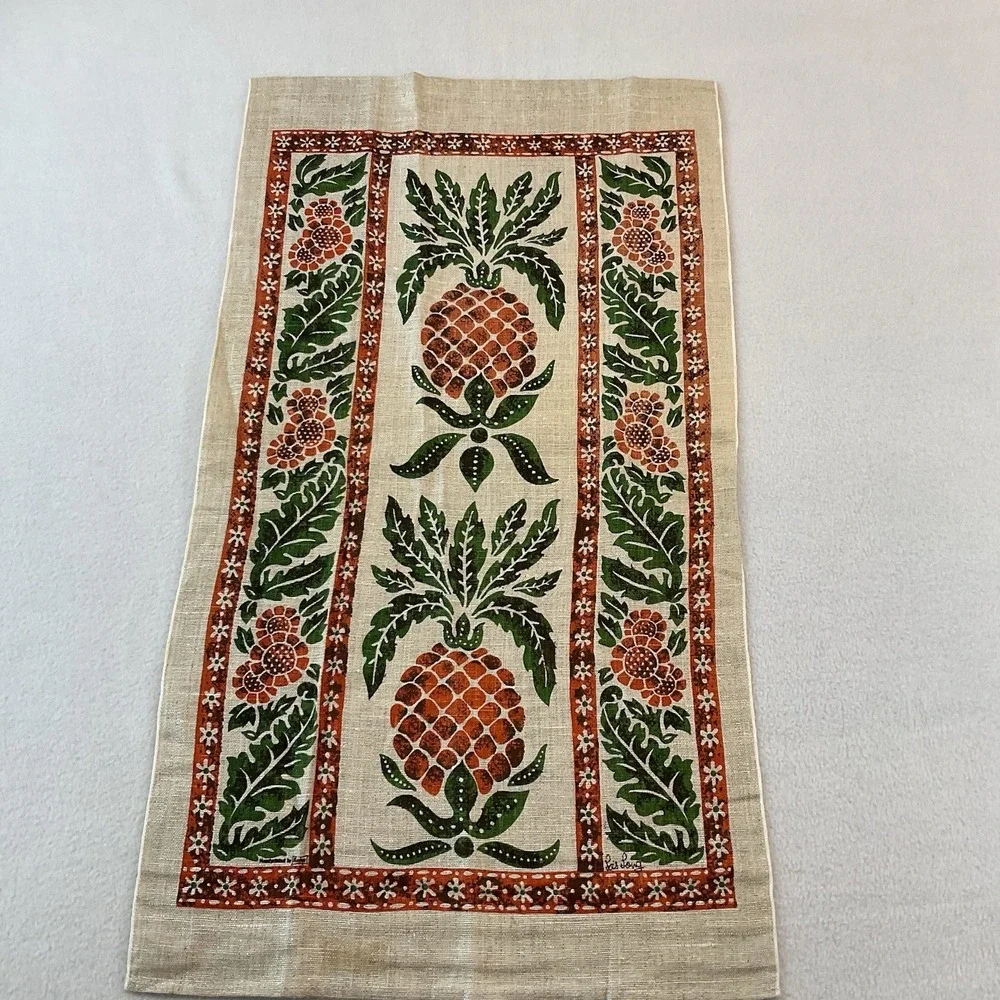Kay Dee Handprints Linen Kitchen Towel Pineapple Floral Palm Leaves Vintage